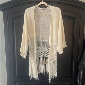 NY Collection Womens Medium Ivory Open Weave Cardigan Sweater Fringe Boho Beach